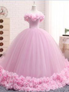 Luxury Sleeveless Hand Made Flower Lace Up 15th Birthday Dress with Baby Pink Brush Train