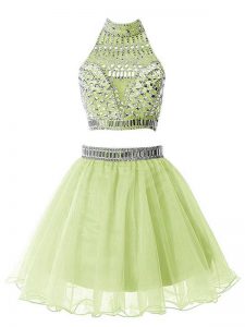 Knee Length Yellow Green Quinceanera Court of Honor Dress High-neck Sleeveless Zipper