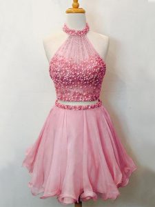 Great Pink Organza Lace Up Quinceanera Court of Honor Dress Sleeveless Knee Length Beading