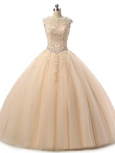 Lovely Champagne Ball Gowns Beading and Lace Quinceanera Gowns Lace Up Tulle Sleeveless Floor Length