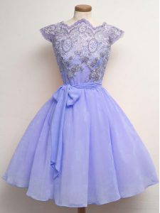 Classical Lavender Cap Sleeves Lace and Belt Knee Length Quinceanera Dama Dress