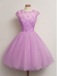 Lilac Scoop Neckline Lace Court Dresses for Sweet 16 Cap Sleeves Lace Up