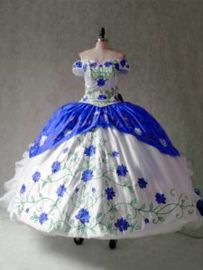 Sexy Cap Sleeves Organza and Taffeta Floor Length Lace Up Vestidos de Quinceanera in Blue And White with Embroidery and Ruffles