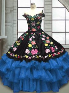 Blue And Black Sleeveless Floor Length Embroidery and Ruffled Layers Lace Up Quince Ball Gowns