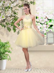 Spectacular Light Yellow A-line Lace and Belt Quinceanera Court of Honor Dress Lace Up Tulle Sleeveless Knee Length