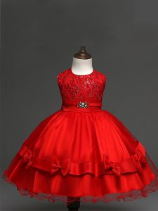 Custom Design Tulle Sleeveless Knee Length Child Pageant Dress and Lace and Bowknot