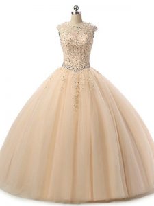 Great Ball Gowns Sweet 16 Quinceanera Dress Champagne Scoop Tulle Sleeveless Floor Length Lace Up