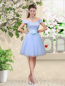 Lavender Dama Dress Prom and Party with Lace and Belt V-neck Cap Sleeves Lace Up