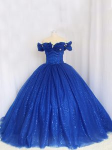 Royal Blue Cap Sleeves Floor Length Hand Made Flower Lace Up Vestidos de Quinceanera