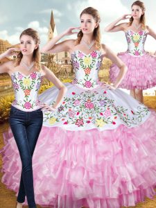 Most Popular Rose Pink Organza and Taffeta Lace Up Sweetheart Sleeveless Floor Length Sweet 16 Quinceanera Dress Embroidery and Ruffled Layers