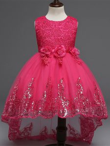 Tulle Scoop Sleeveless Zipper Lace and Appliques and Bowknot and Hand Made Flower Kids Formal Wear in Hot Pink