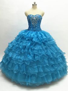 Organza Sweetheart Sleeveless Lace Up Beading and Ruffles Vestidos de Quinceanera in Teal