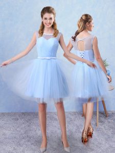 Blue Sleeveless Knee Length Ruching and Belt Lace Up Quinceanera Dama Dress