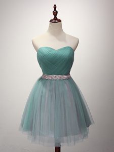 Deluxe Green Sleeveless Mini Length Beading and Ruching Lace Up Quinceanera Dama Dress