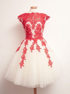 White And Red A-line Tulle Scalloped Sleeveless Appliques Mini Length Lace Up Dama Dress for Quinceanera