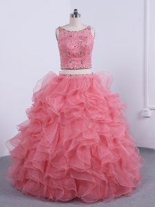 Watermelon Red Two Pieces Beading and Ruffles Vestidos de Quinceanera Zipper Organza Sleeveless Floor Length