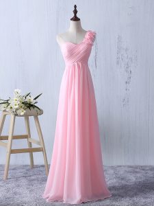 Low Price Floor Length Zipper Dama Dress for Quinceanera Baby Pink for Prom and Party and Wedding Party with Ruffles and Ruching