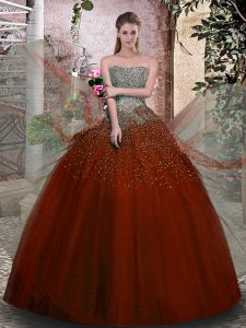 Rust Red Tulle Lace Up Strapless Sleeveless Floor Length Sweet 16 Dresses Beading