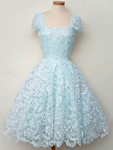 Cap Sleeves Knee Length Lace Lace Up Damas Dress with Aqua Blue