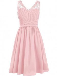 Best Empire Quinceanera Dama Dress Pink V-neck Chiffon Sleeveless Knee Length Side Zipper