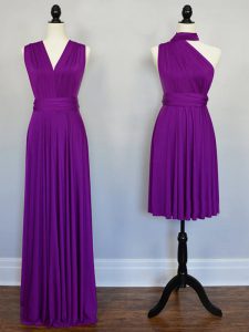 Purple Chiffon Lace Up Dama Dress Sleeveless Floor Length Beading and Ruching