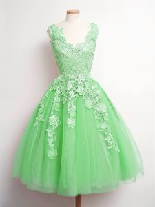 Comfortable Green Tulle Lace Up V-neck Sleeveless Knee Length Vestidos de Damas Lace