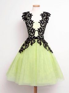 Yellow Green A-line Straps Sleeveless Tulle Knee Length Lace Up Lace Damas Dress