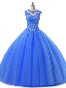 Beading and Lace Quinceanera Dresses Blue Lace Up Sleeveless Floor Length