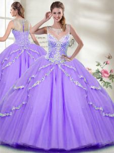 Unique Floor Length Lavender Sweet 16 Quinceanera Dress Tulle Sleeveless Beading