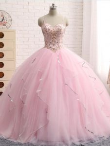 Spaghetti Straps Sleeveless Tulle 15th Birthday Dress Beading and Ruffles Brush Train Lace Up