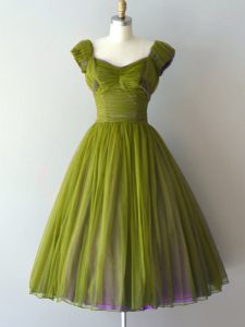 Olive Green Quinceanera Court Dresses Prom and Party and Military Ball and Sweet 16 with Ruching V-neck Cap Sleeves Lace Up