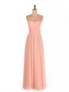 Peach Quinceanera Court Dresses Prom and Party and Wedding Party with Ruching One Shoulder Sleeveless Side Zipper