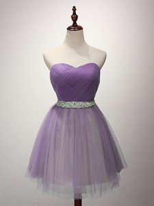 Artistic Sleeveless Mini Length Ruching Lace Up Quinceanera Court of Honor Dress with Lavender