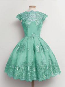 Dazzling Turquoise A-line Lace Vestidos de Damas Lace Up Tulle Cap Sleeves Knee Length