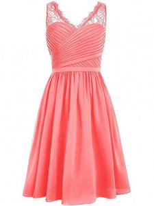 V-neck Sleeveless Dama Dress Knee Length Lace and Ruching Watermelon Red Chiffon