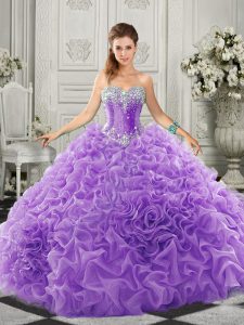 Captivating Lavender Sweetheart Lace Up Beading and Ruffles 15th Birthday Dress Court Train Sleeveless