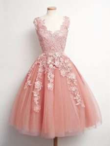 Peach Ball Gowns Tulle V-neck Sleeveless Lace Knee Length Lace Up Court Dresses for Sweet 16