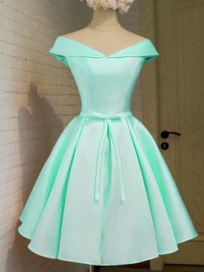 Turquoise Cap Sleeves Belt Knee Length Dama Dress