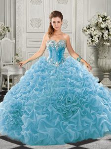 Flirting Aqua Blue Sleeveless Organza Court Train Lace Up Quinceanera Dresses for Military Ball and Sweet 16 and Quinceanera