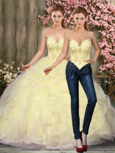 Dramatic Light Yellow Two Pieces Sweetheart Sleeveless Tulle Floor Length Lace Up Beading and Ruffles Sweet 16 Quinceanera Dress