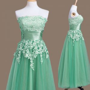 Sleeveless Tulle Tea Length Lace Up Quinceanera Court of Honor Dress in Turquoise with Appliques