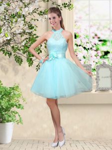 Extravagant Aqua Blue A-line Tulle Halter Top Sleeveless Lace and Belt Knee Length Lace Up Quinceanera Court Dresses