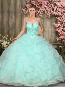 Discount Apple Green Ball Gowns Sweetheart Sleeveless Tulle Floor Length Lace Up Beading and Ruffles Vestidos de Quinceanera