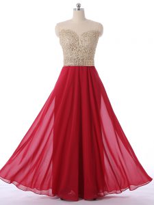 Scoop Sleeveless Dama Dress Floor Length Beading Red Chiffon