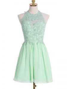 Knee Length Apple Green Quinceanera Court of Honor Dress Halter Top Sleeveless Lace Up