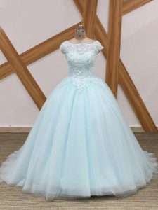 Light Blue Zipper Quince Ball Gowns Beading and Lace Sleeveless Brush Train