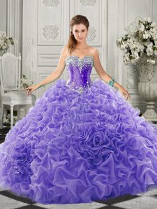 Lavender Sleeveless Organza Court Train Lace Up Quince Ball Gowns for Military Ball and Sweet 16 and Quinceanera