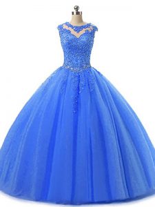 Flare Blue Tulle Lace Up Scoop Sleeveless Floor Length Quinceanera Gown Beading and Lace