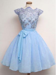 Amazing Blue Chiffon Lace Up Scalloped Cap Sleeves Knee Length Dama Dress Lace and Belt