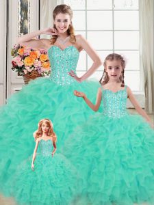 Adorable Turquoise Organza Lace Up Sweetheart Sleeveless Floor Length Sweet 16 Dress Beading and Ruffles